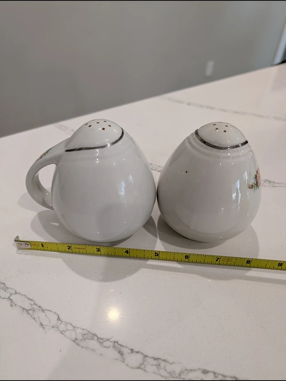 Vintage MCM Ceramic Salt & Pepper Shakers Floral Silver Trim Handled Cork USA